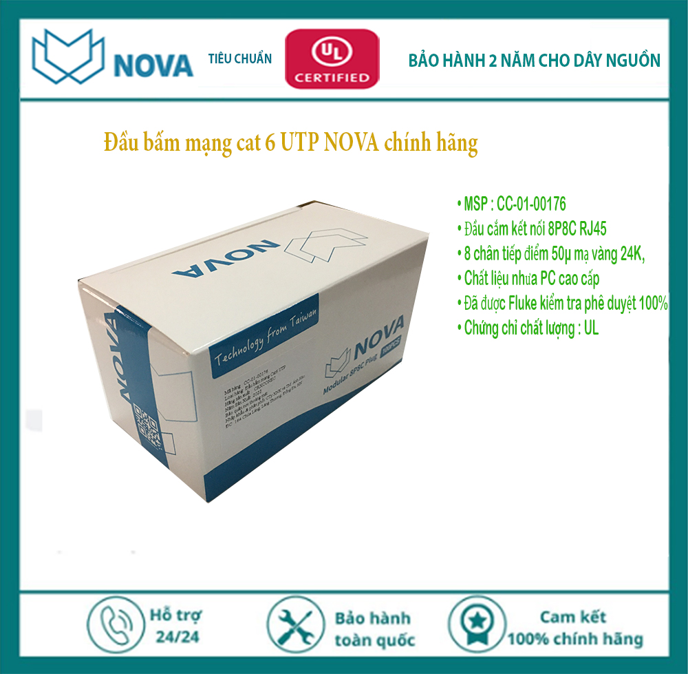 Đầu bấm mạng cat 6 UTP NOVA 1 mảnh P/N : CC-01-00176 chính hãng